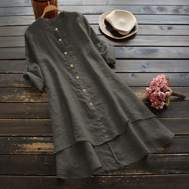 Women's Solid Button Cotton-Linen Long Sleeve Long Shirt