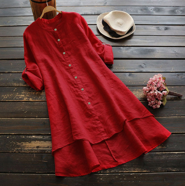 Women's Solid Button Cotton-Linen Long Sleeve Long Shirt