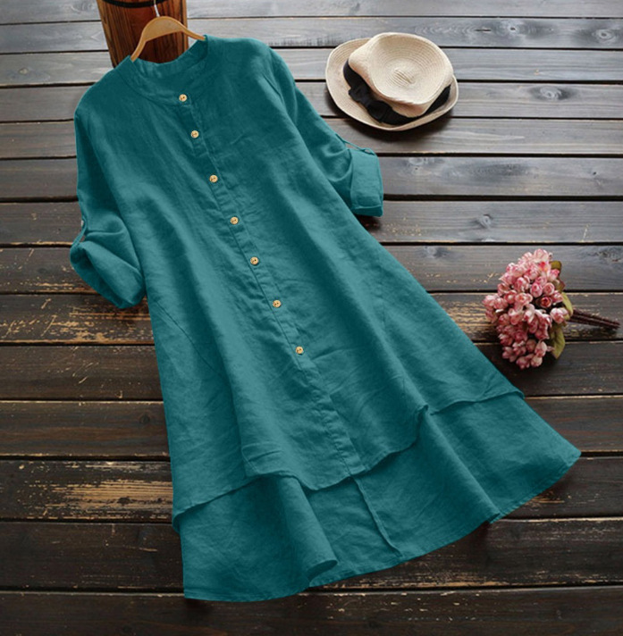 Women's Solid Button Cotton-Linen Long Sleeve Long Shirt