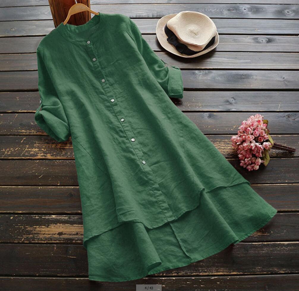 Women's Solid Button Cotton-Linen Long Sleeve Long Shirt