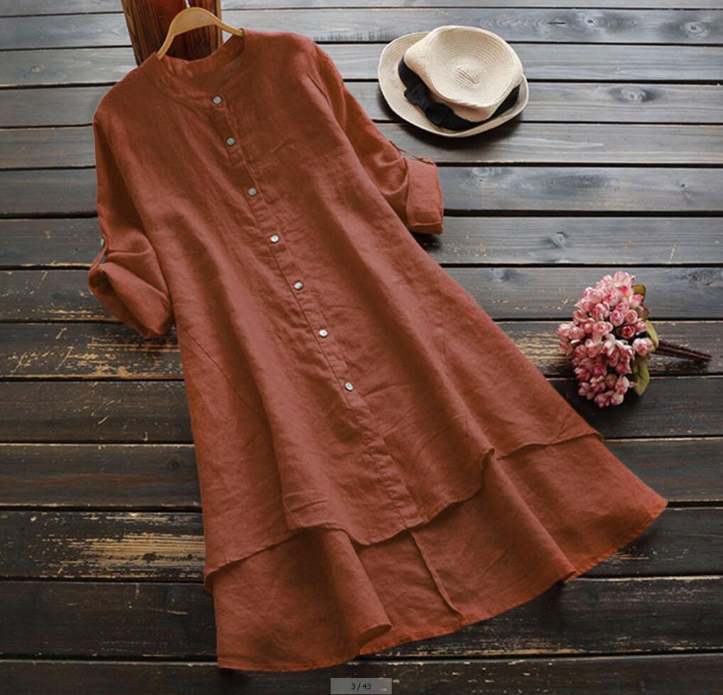 Women's Solid Button Cotton-Linen Long Sleeve Long Shirt