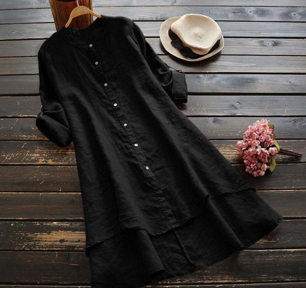 Women's Solid Button Cotton-Linen Long Sleeve Long Shirt