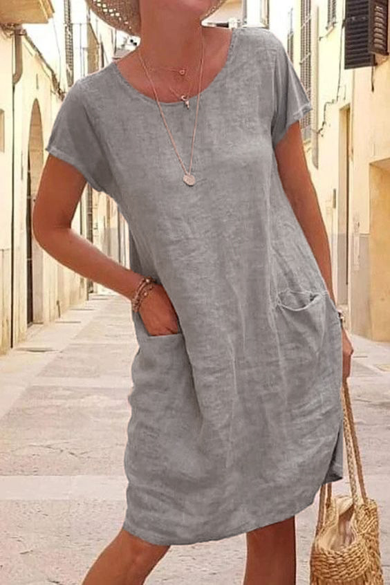 Women's Summer Loose Solid Color Cotton Linen Short Sleeve Round Neck Pocket Dress