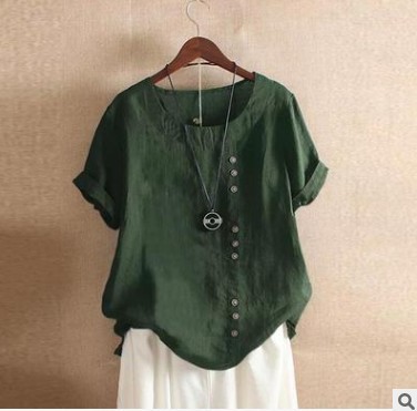 Retro Solid Color Cotton-Linen Short-Sleeve Button T-Shirt for Women Plus Size Loose Crew Neck