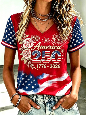 Women's Summer V-Neck Short Sleeve 3D Print T-Shirt