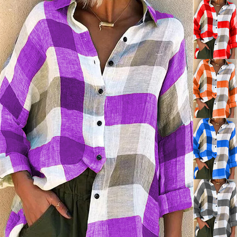 Women's Plaid Print Long Sleeve Loose Shirt