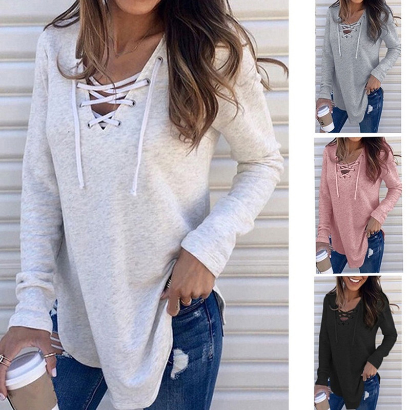 Solid V-Neck Lace-Up Loose Top