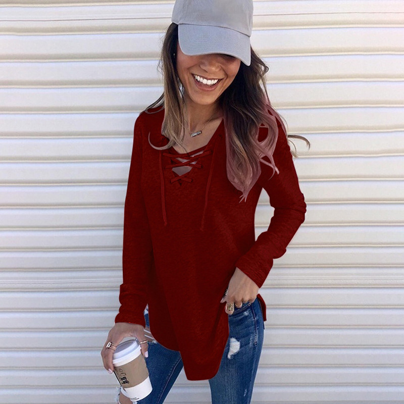 Solid V-Neck Lace-Up Loose Top T-Shirt