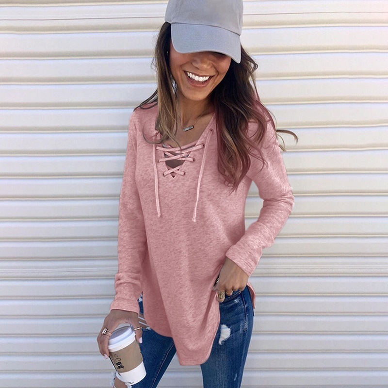 Solid V-Neck Lace-Up Loose Top T-Shirt