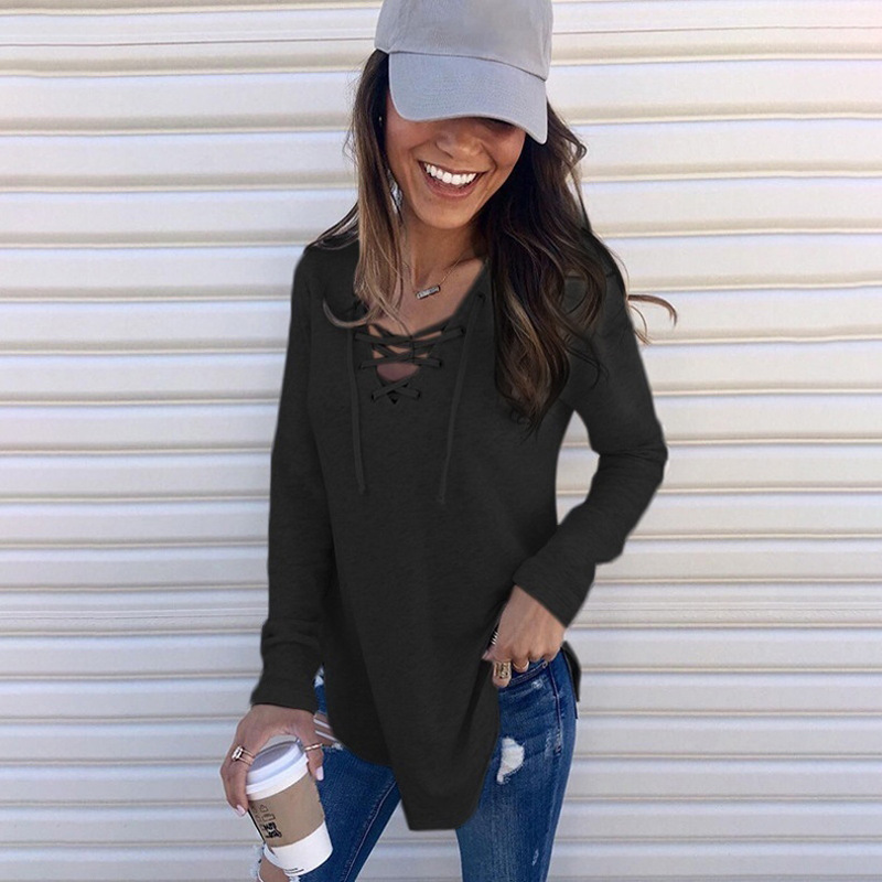 Solid V-Neck Lace-Up Loose Top