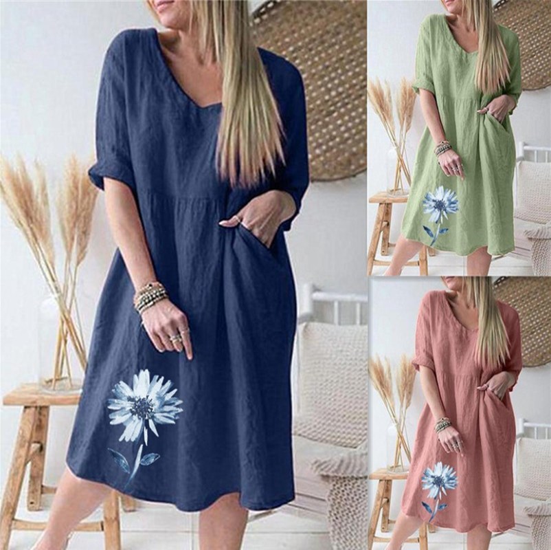 Chrysanthemum Print V-Neck Cotton-Linen Loose Midi Dress