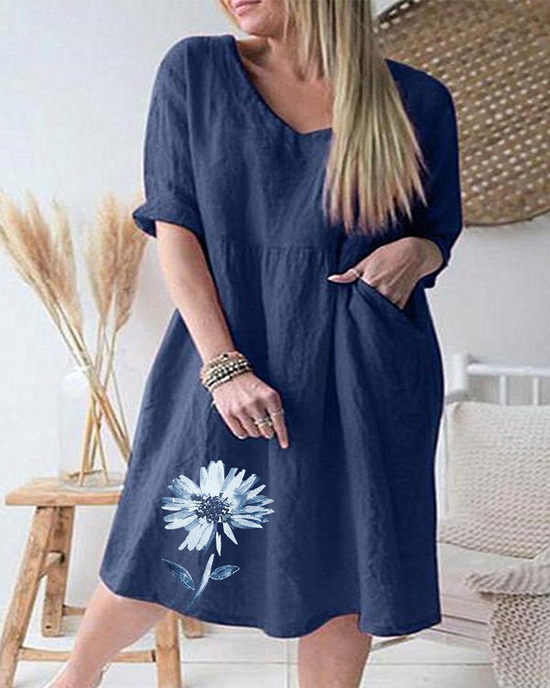 Chrysanthemum Print V-Neck Cotton-Linen Loose Midi Dress