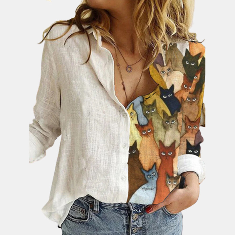 Women's Loose Cat Print Long Sleeve Button-Up Shirt
