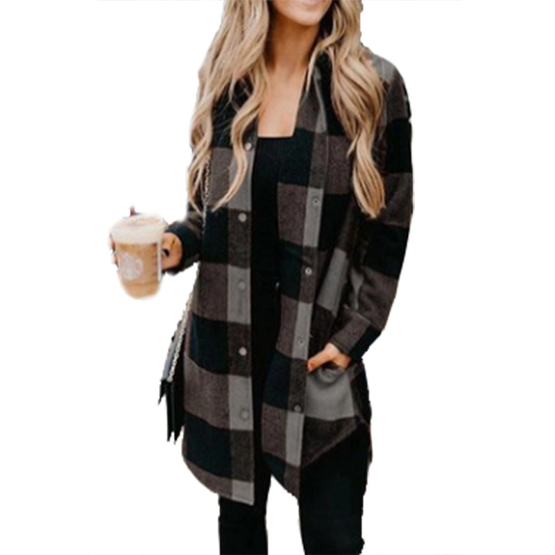 Women's Plaid Collared Long Sleeve Mid-Length Coat