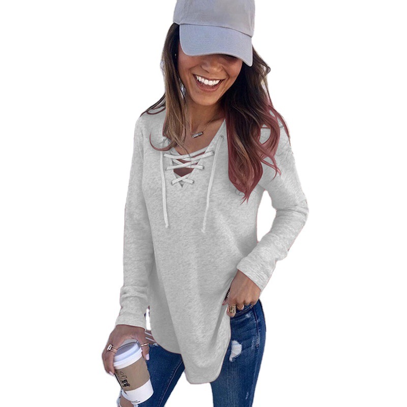 Solid V-Neck Lace-Up Loose Top T-Shirt