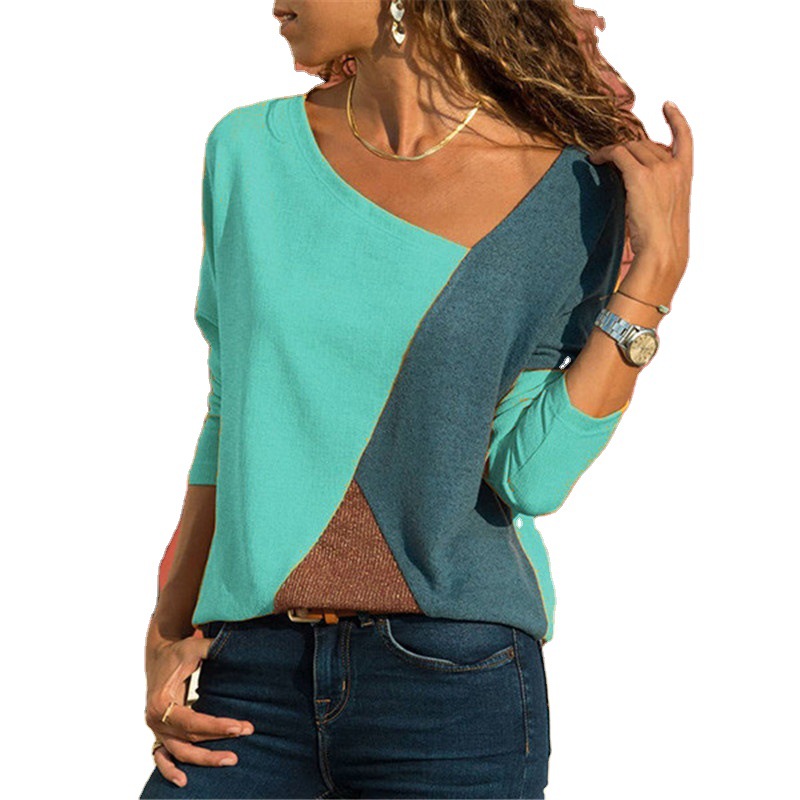 Colorblock Crewneck Long Sleeve Casual T-Shirt Women's Top