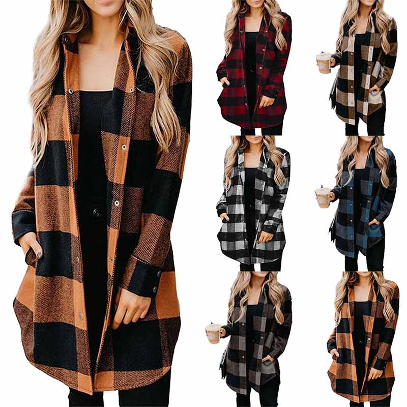 Women's Plaid Collared Long Sleeve Mid-Length Coat
