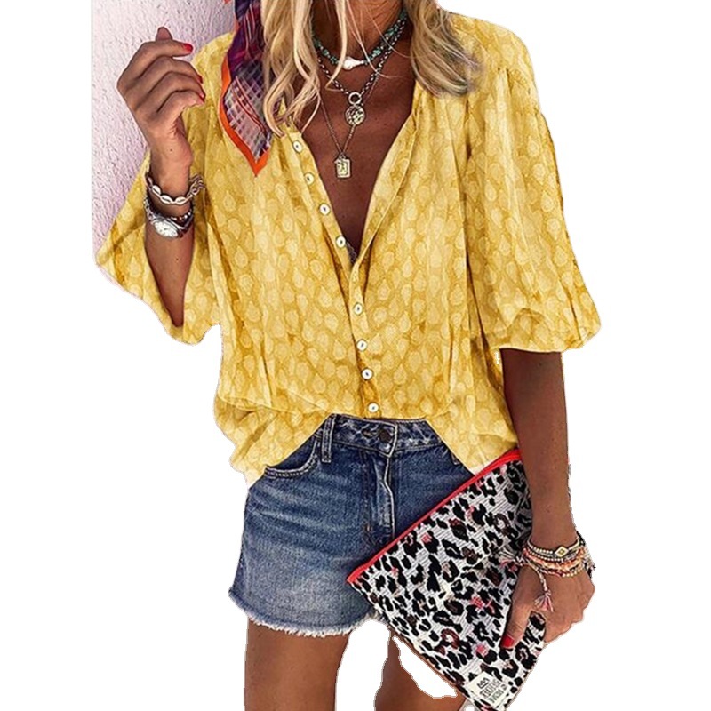 Women's Printed Long Sleeve Button-Up Collared Blouse Loose Fit