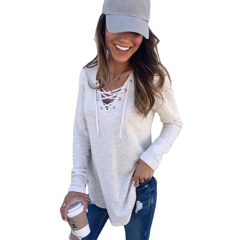 Solid V-Neck Lace-Up Loose Top