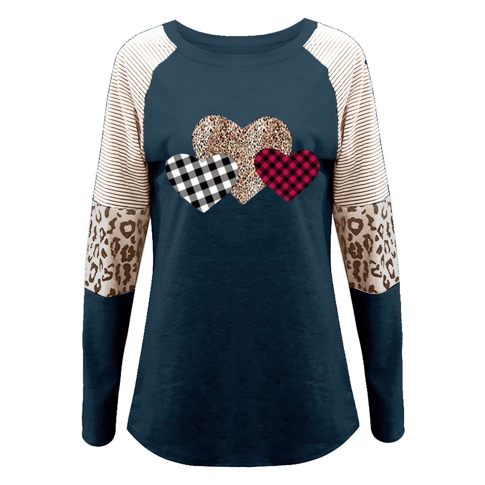 Women's Heart Print Long Sleeve Crewneck Loose Casual T-Shirt