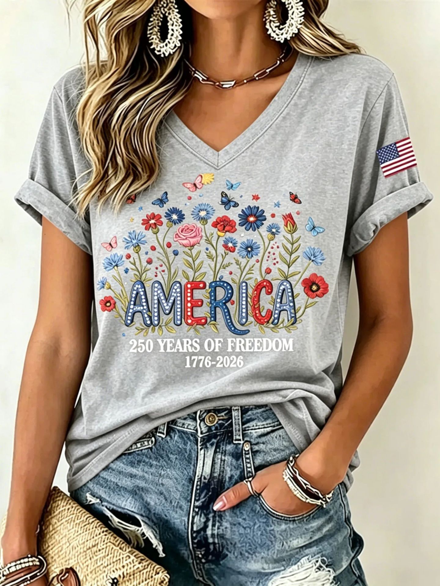 Women's Summer V-Neck Short Sleeve 3D Print T-Shirt