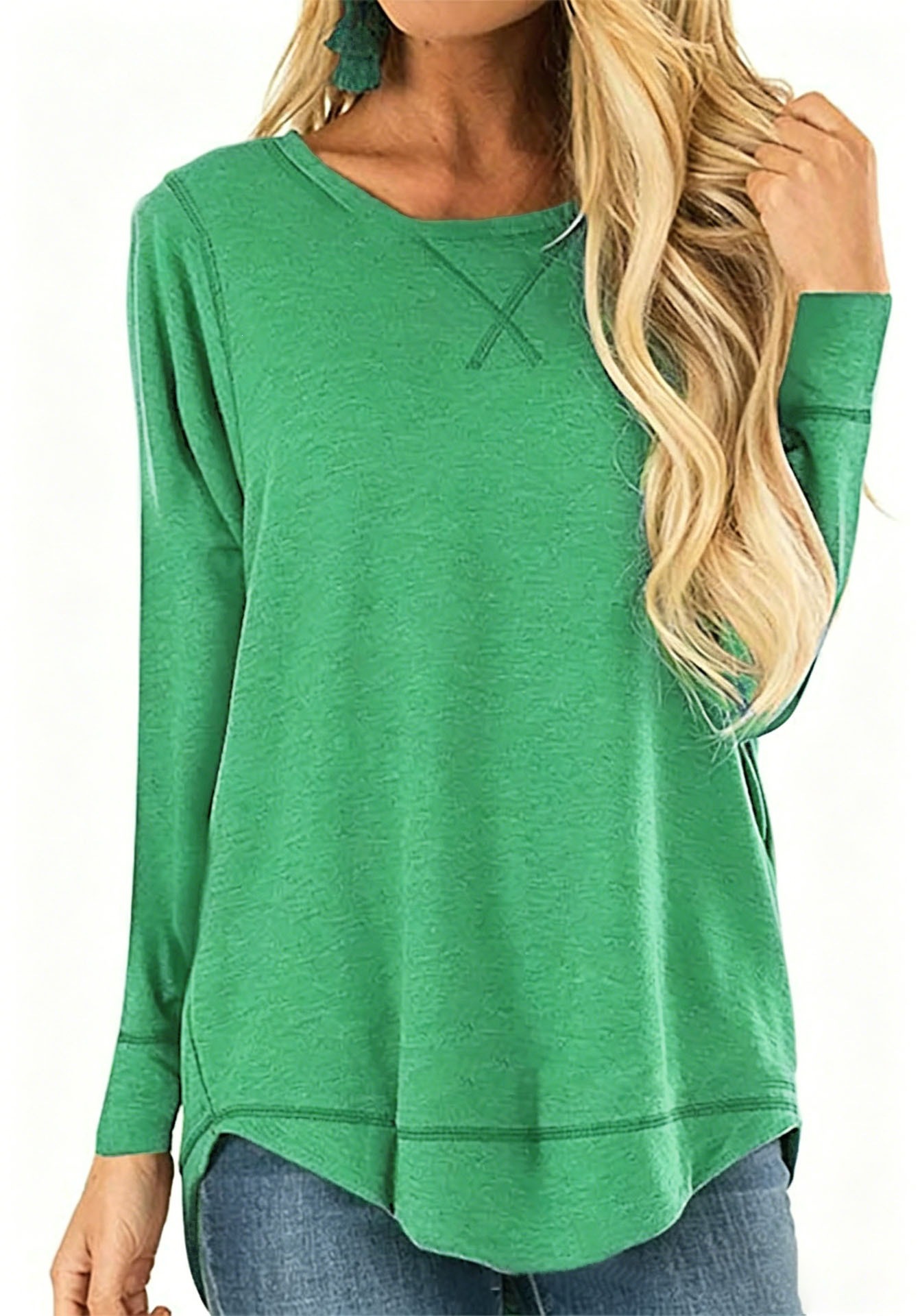 Women's Crewneck Long Sleeve T-Shirt Solid Loose High-Low Hem Casual Top