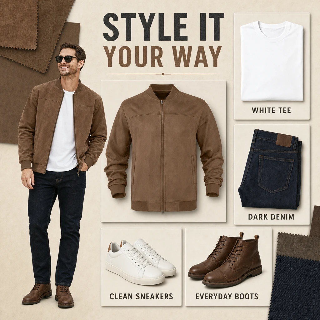 Brown suede-look bomber jacket outfit ideas