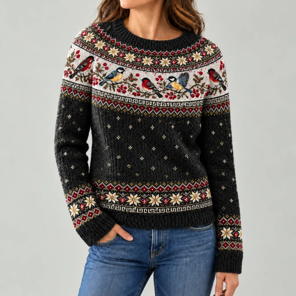 Women's Vintage-style Christmas Robin-pattern Crew-neck Sweater