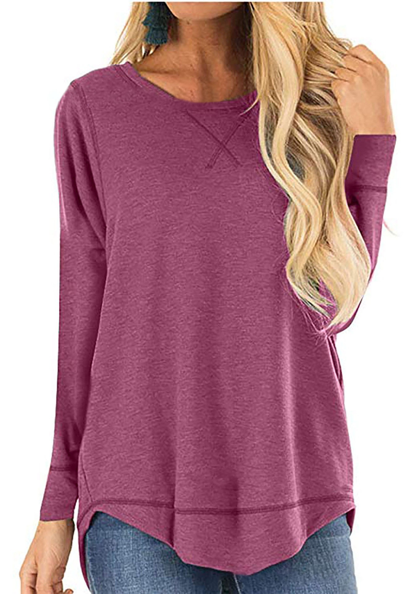 Women's Crewneck Long Sleeve T-Shirt Solid Loose High-Low Hem Casual Top