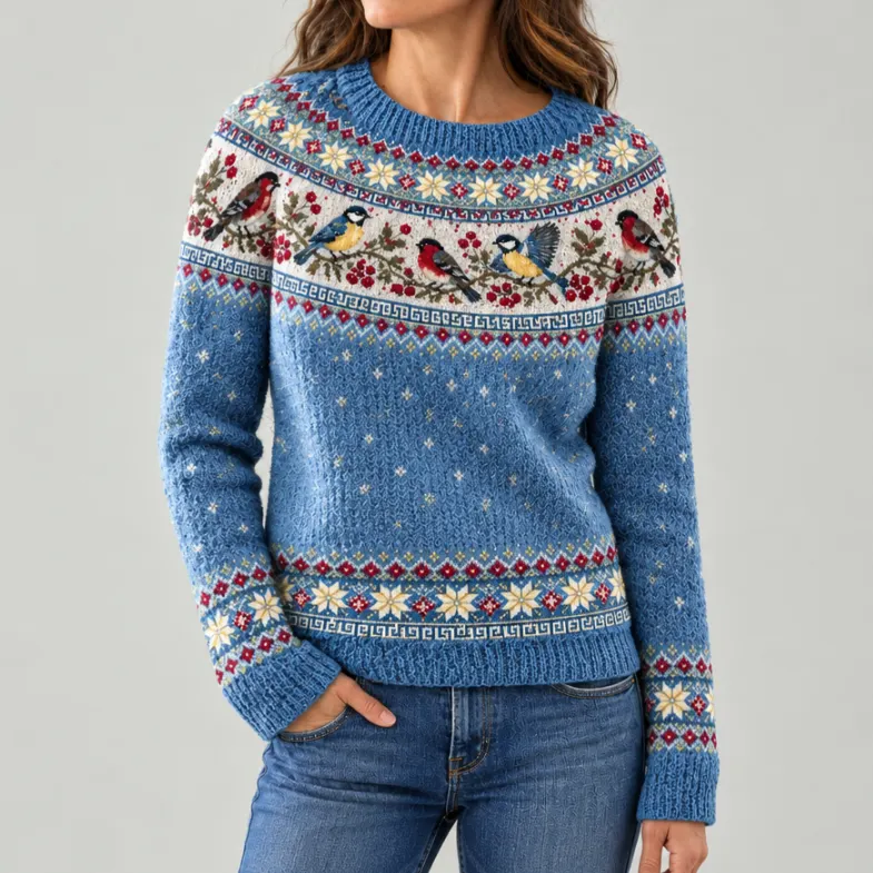 Women's Vintage-style Christmas Robin-pattern Crew-neck Sweater