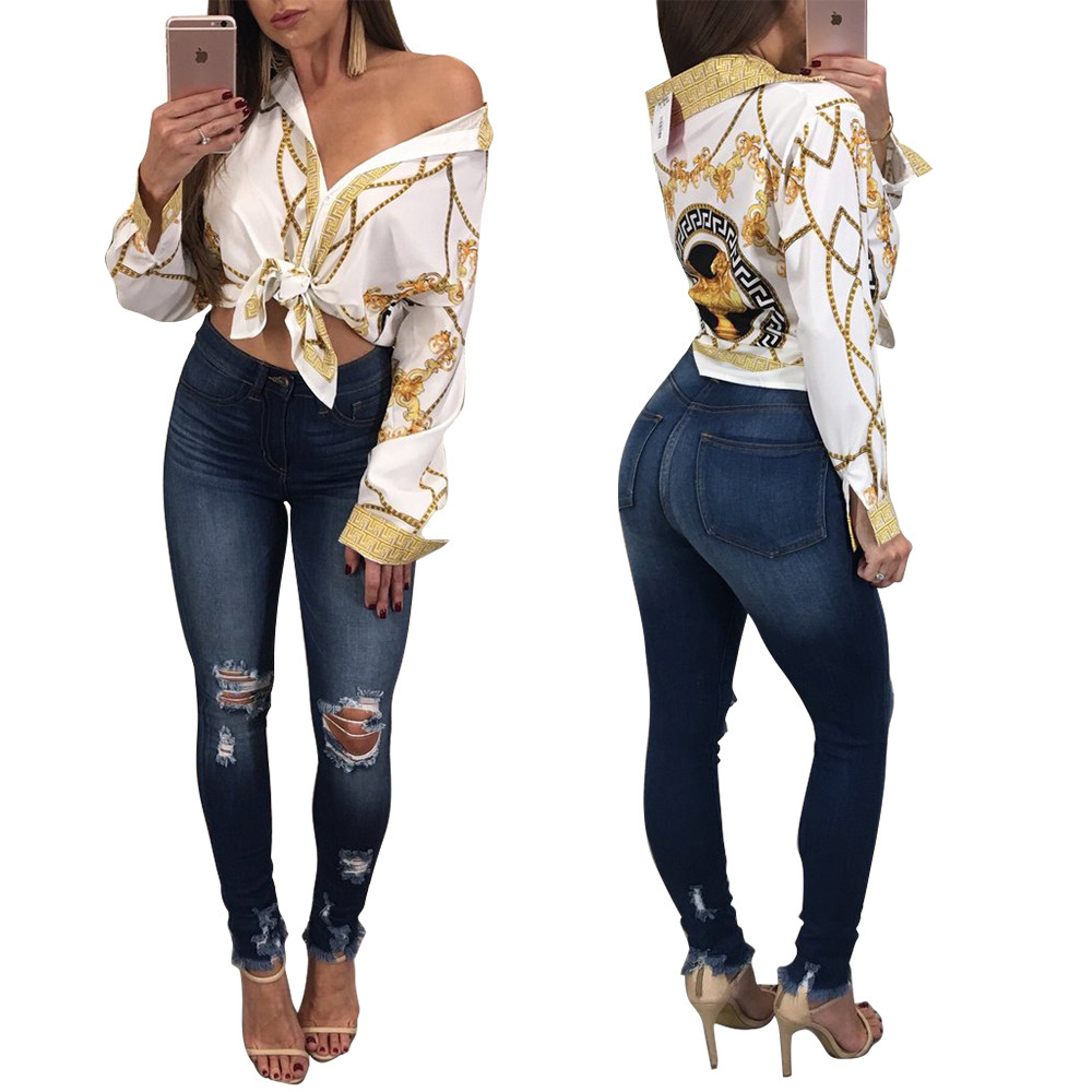 Printed Long-Sleeve Button-Down Shirt Casual Loose Fit