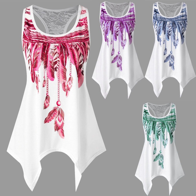 Feather Print Lace Sleeveless Crew Neck T-Shirt