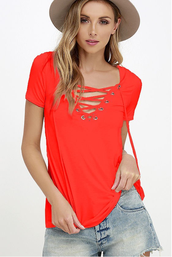 Women's Sexy V-Neck Solid Color Short Sleeve T-Shirt Top
