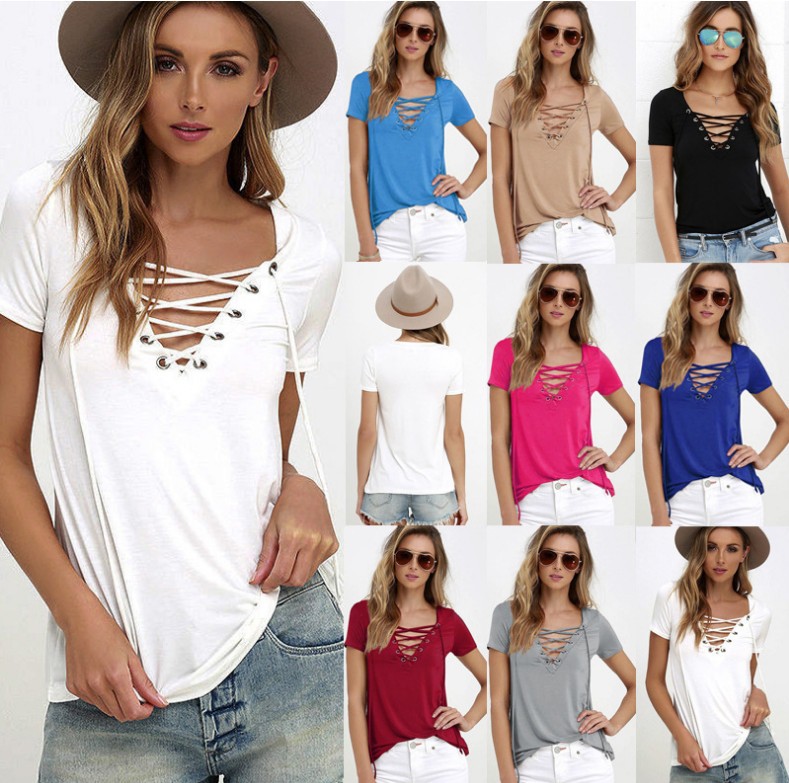 Women's Sexy V-Neck Solid Color Short Sleeve T-Shirt Top