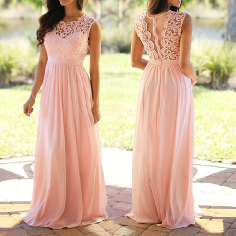 Round Neck Lace Trim Chiffon Dress