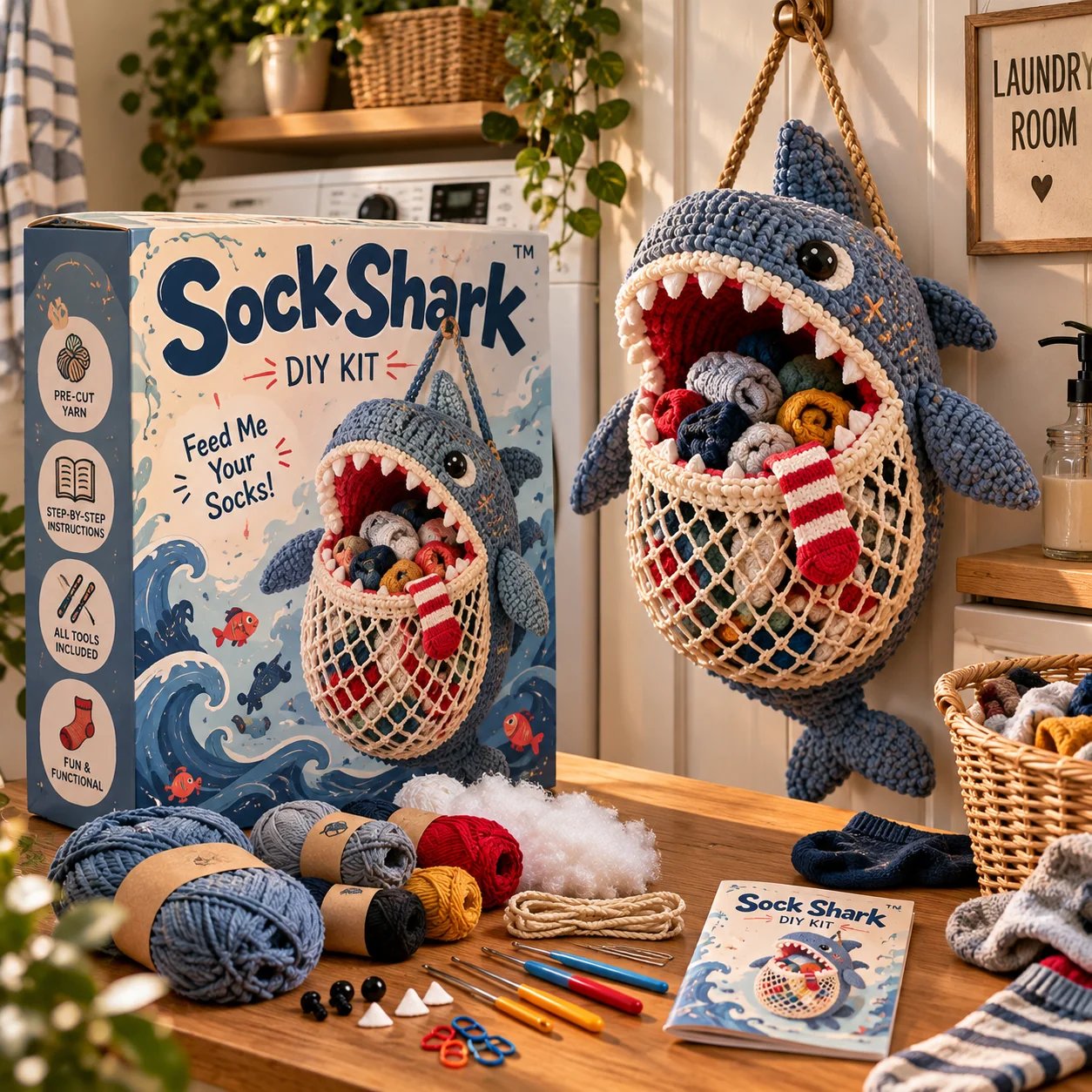 🧦😂Sock GobblersTM – Cute Animal Hanging Sock Holder, Funny Laundry Organizer 🦈🐊