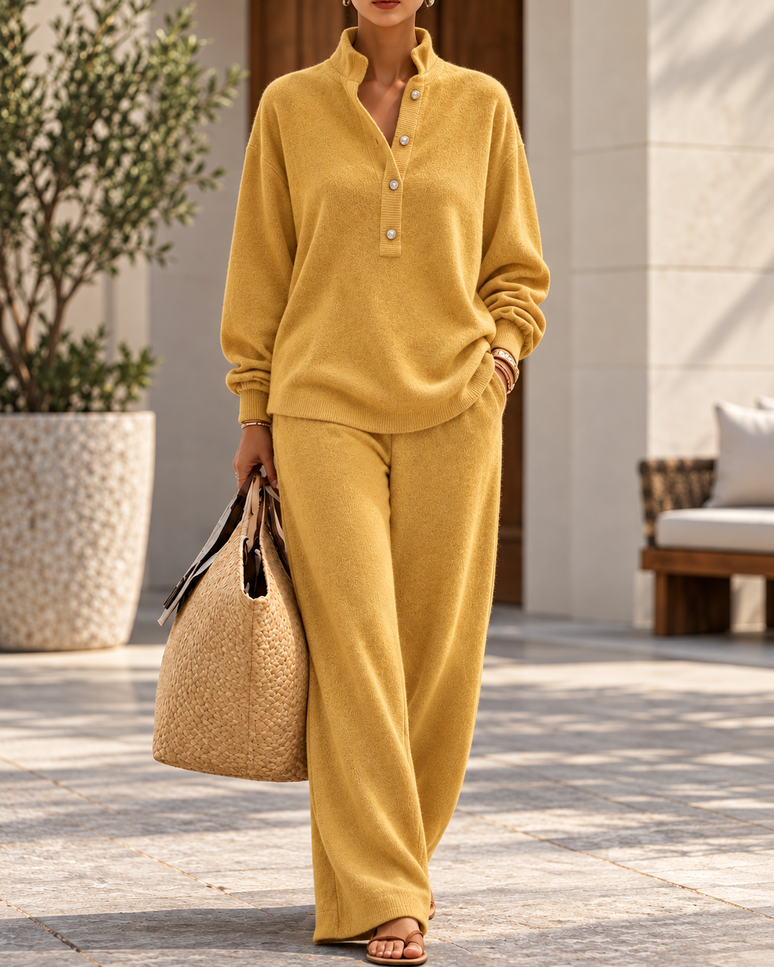 Women's Soft Knit Half-Button Pullover & Relaxed Wide-Leg Pants Matching Set