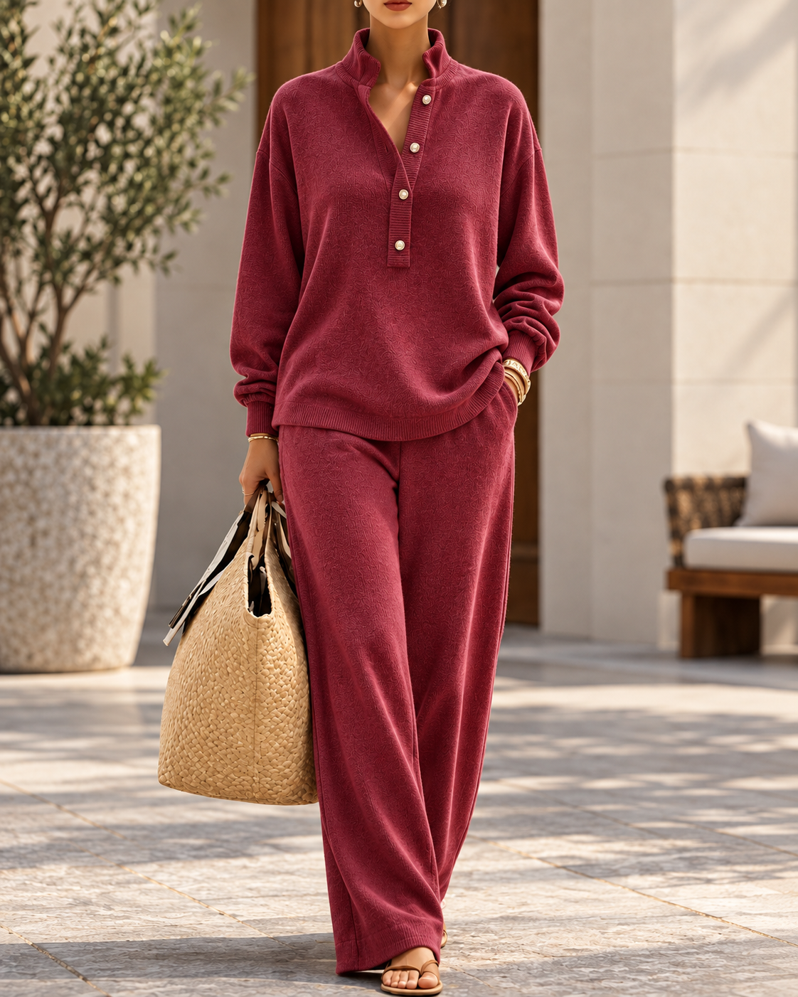 Women's Soft Knit Half-Button Pullover & Relaxed Wide-Leg Pants Matching Set