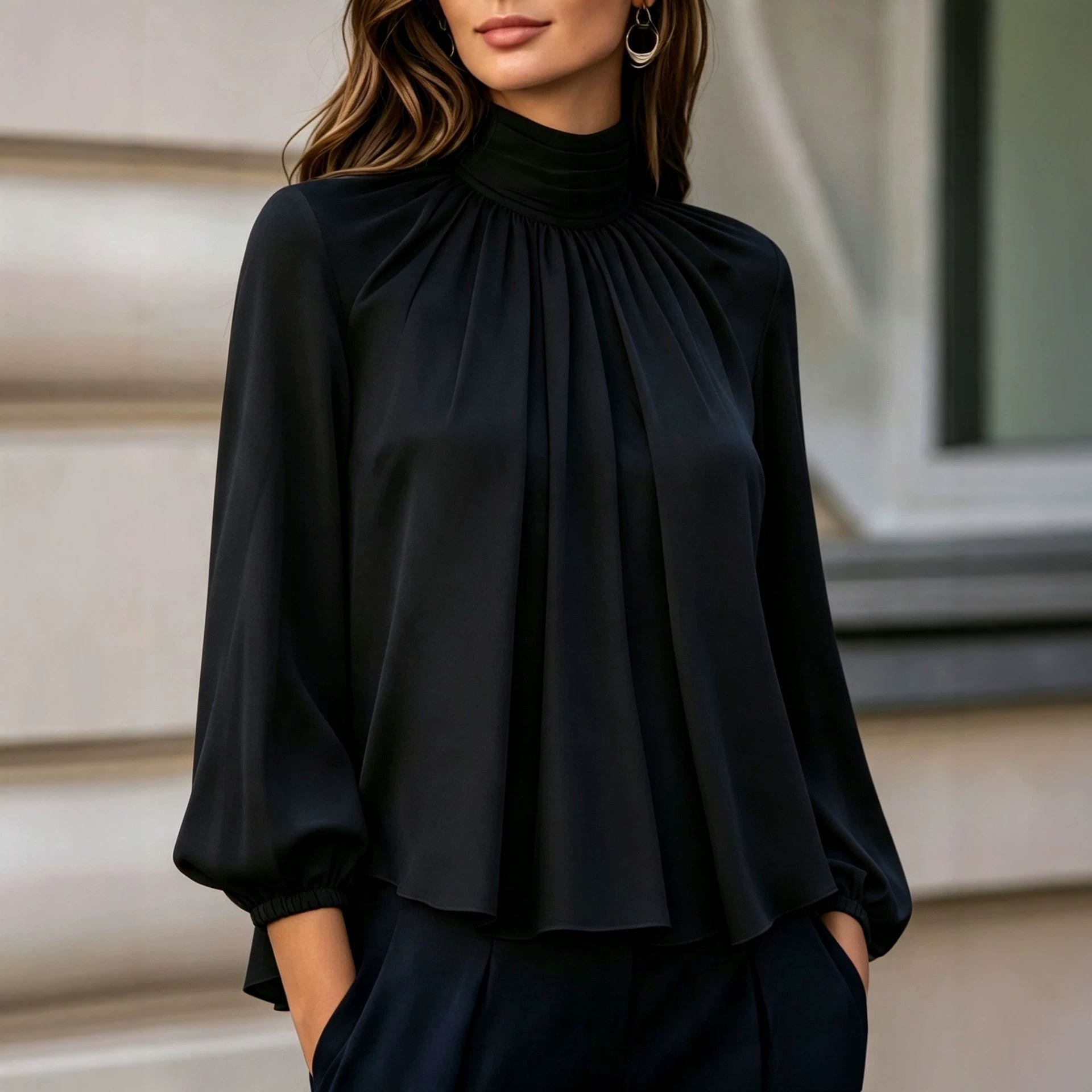 Women's French Style Ruched High Neck Lantern Sleeve Blouse