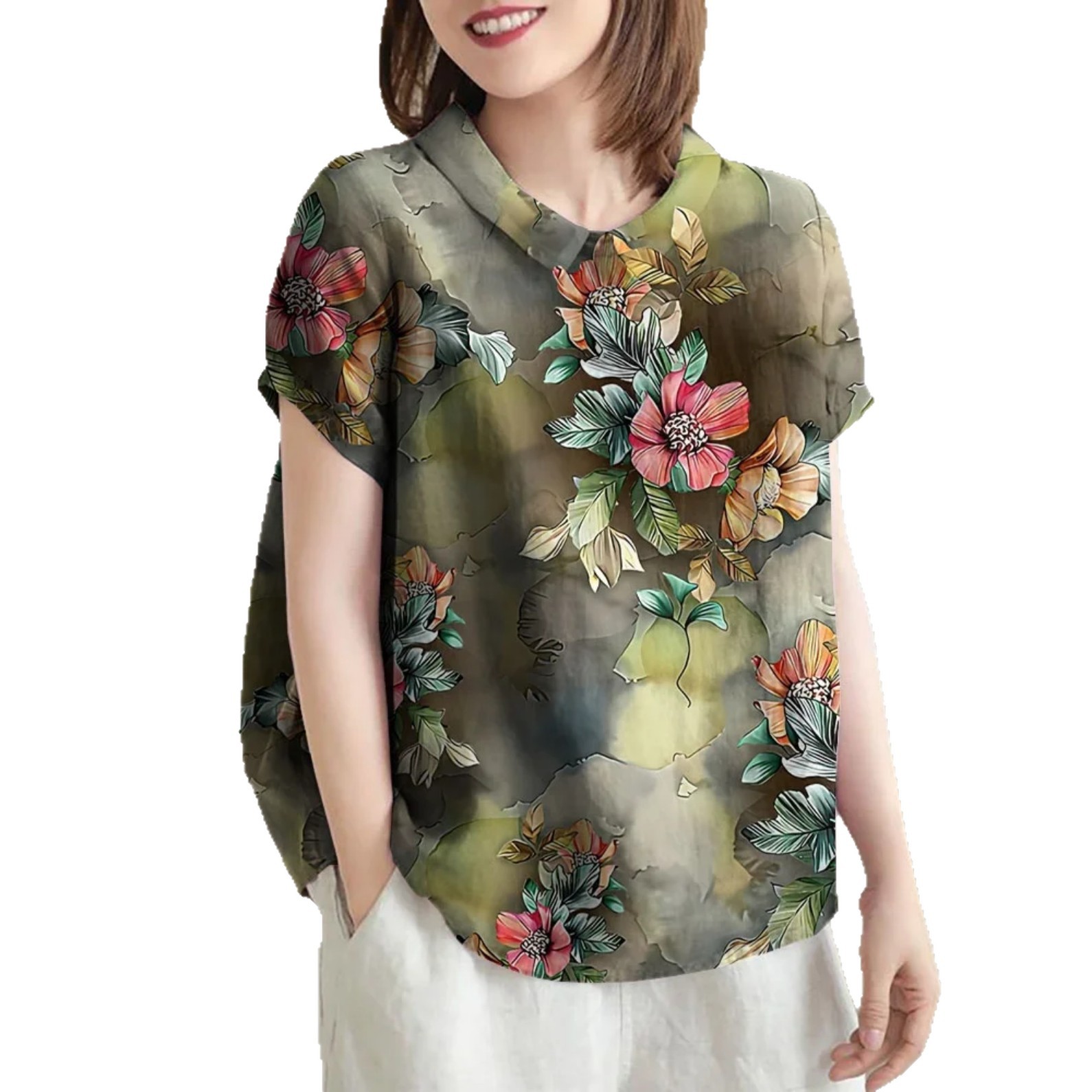 Women's Fresh Floral Print Short Sleeve Casual Shirt