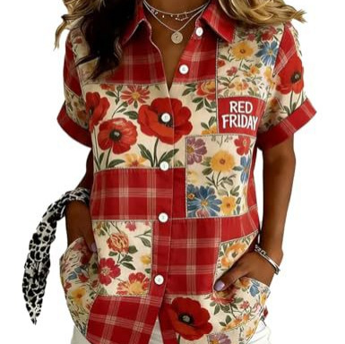 Women's Plaid Floral Letter Print Short Sleeve Button-Up Shirt
