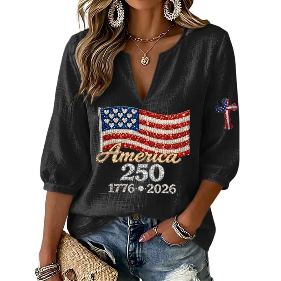 Women's Summer American Flag Print Half-Sleeve Shirt