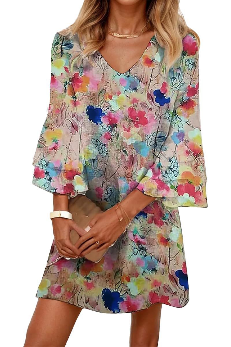 Women's Boho Floral Print Ruched Midi Dress