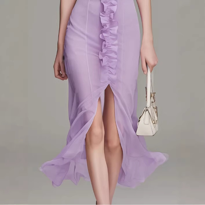 Elegant Square Neck Ruffle Chiffon Midi Dress