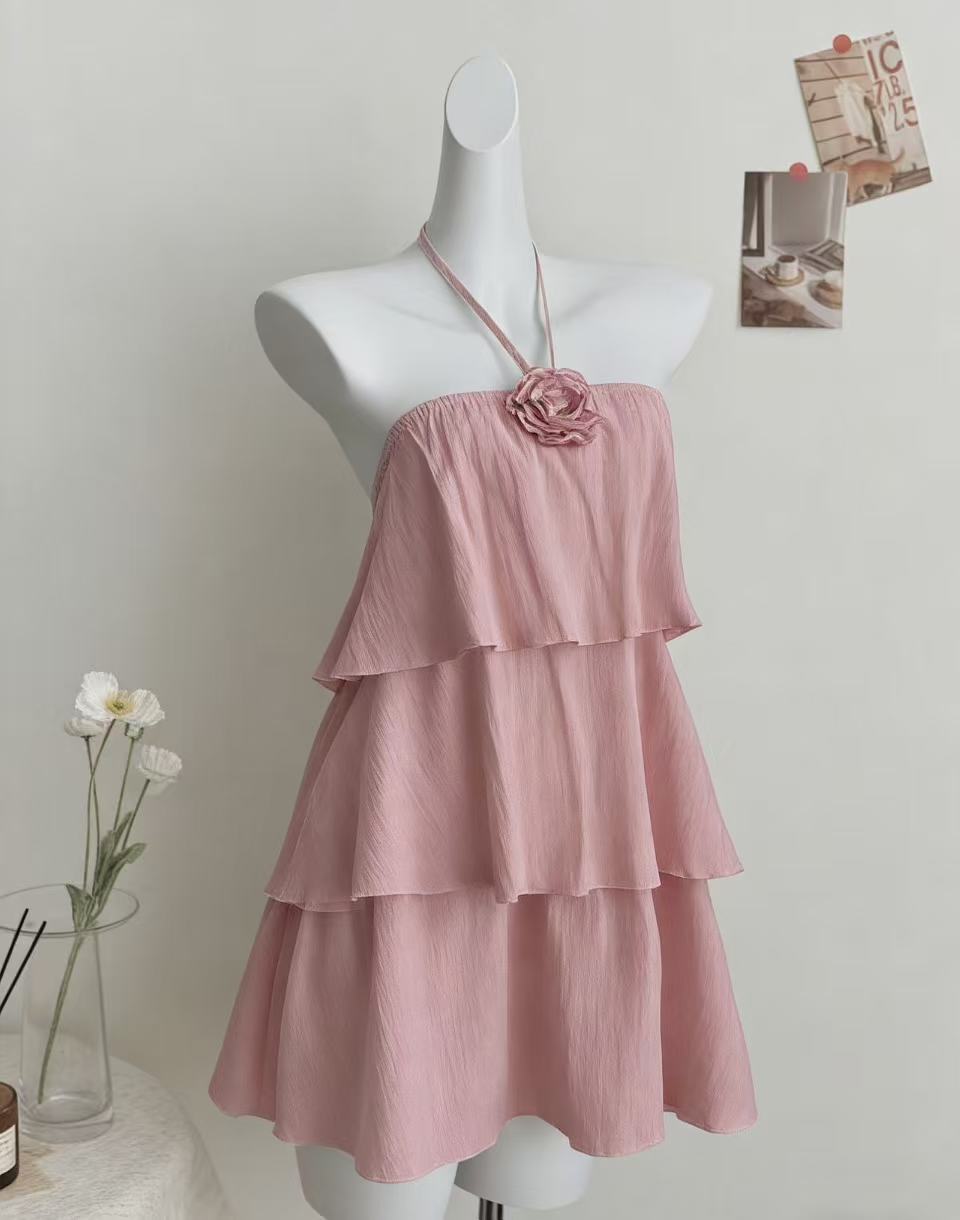3D Floral Halter Bodycon Dress with Ruffle Tiered Hem