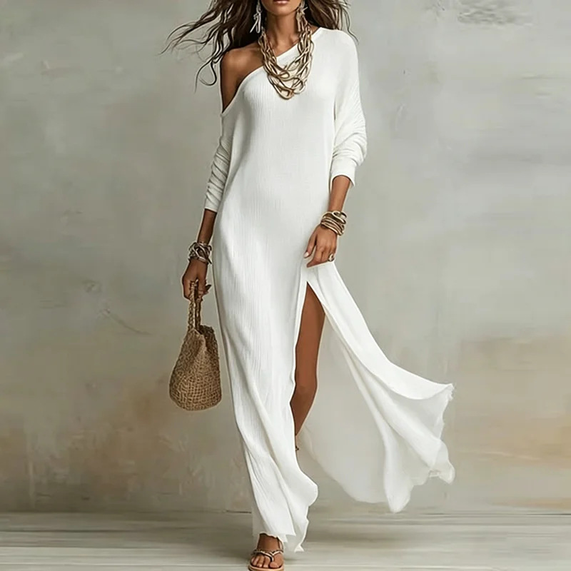 Women's Summer French Casual Slim Fit Solid One-Shoulder Slit Dress