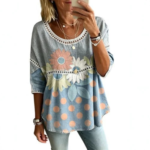 Daisy Floral Polka Dot Print Half-Sleeve Women's Casual Top