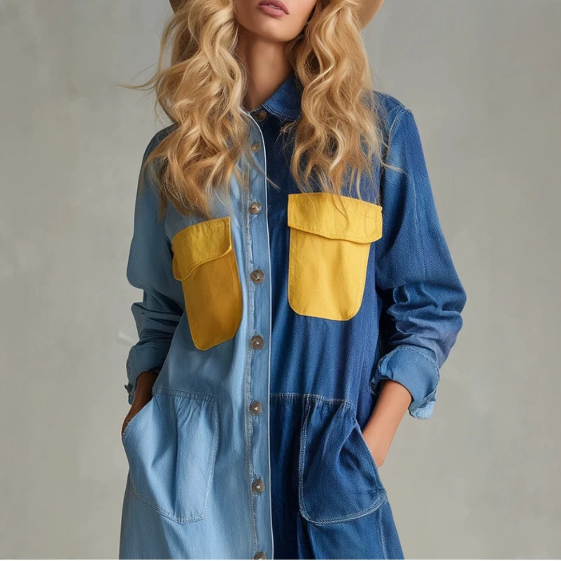 American Retro Color-Block Denim Long Dress