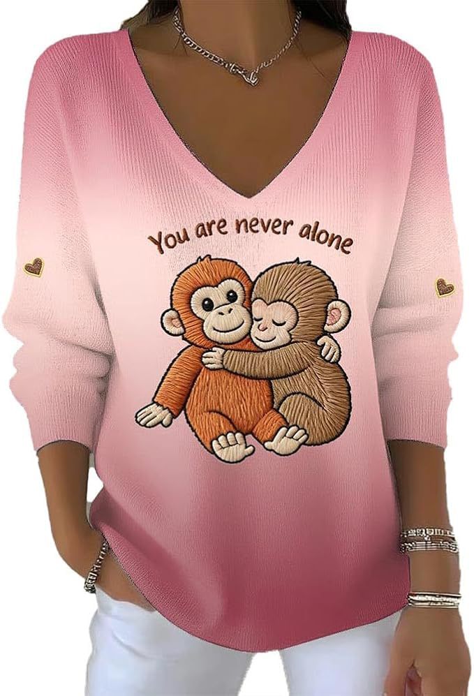Women's V-Neck Long-Sleeve T-Shirt with Monkey Letter Print