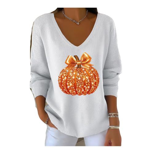 Pumpkin Ribbon Print V-Neck Long Sleeve Women's Top